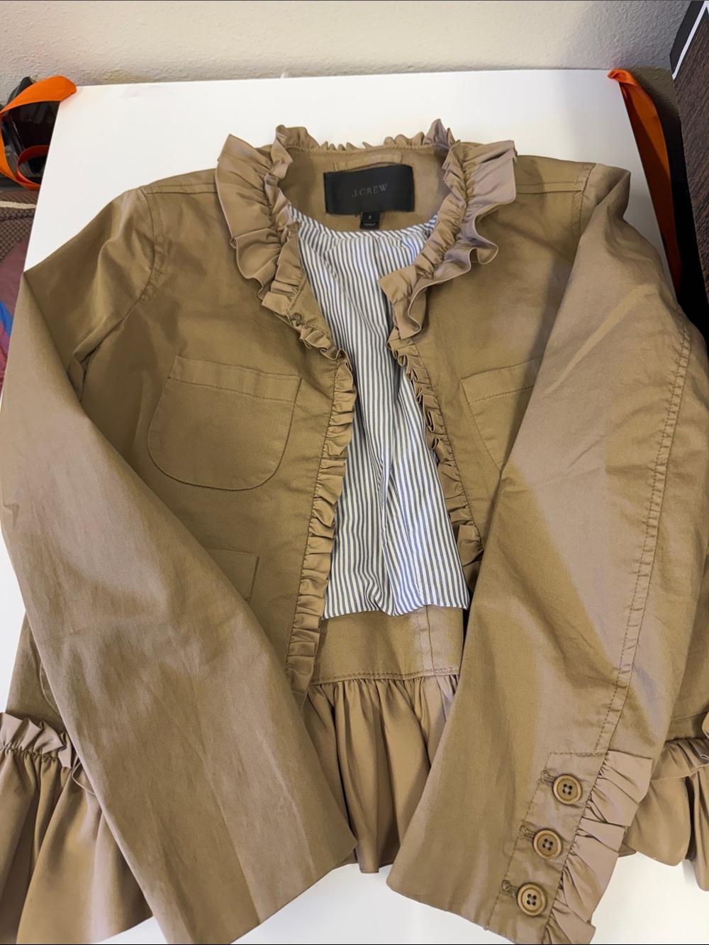 J. Crew Ruffle-Trim Cotton Blazer in Tan